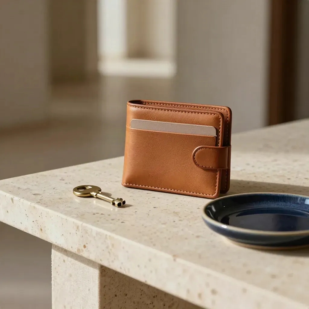 Ingresso domestico raffinato con portafoglio, portacarte, chiave e vassoio in ceramica su consolle in pietra.