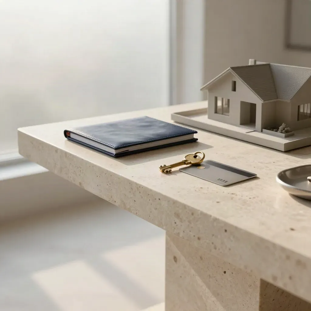 Console in pietra con chiave, cartella blu e modellino casa nella luce dell’alba