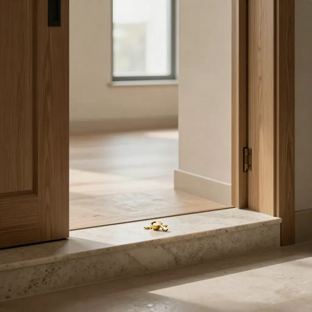 Ingresso milanese finito con soglia in travertino, chiave d’ottone e finestra luminosa