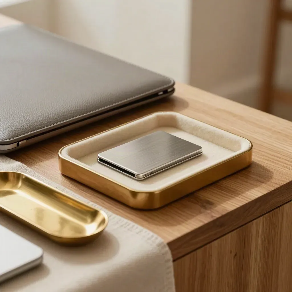 Angolo home office raffinato con custodia laptop chiusa, portacarte e vaschetta cash in ottone.