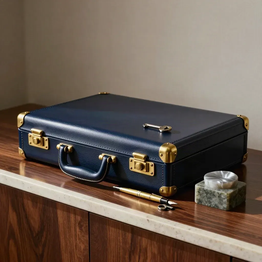 Kit da consulente bancario su legno scuro con valigetta navy, penna in ottone, chiave e fermacarte in pietra.