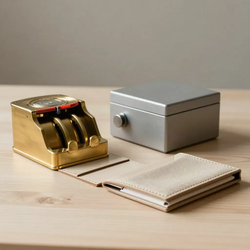 Oggetti finanziari su legno chiaro: caveau, porta-carte e astucci chiusi in luce morbida.