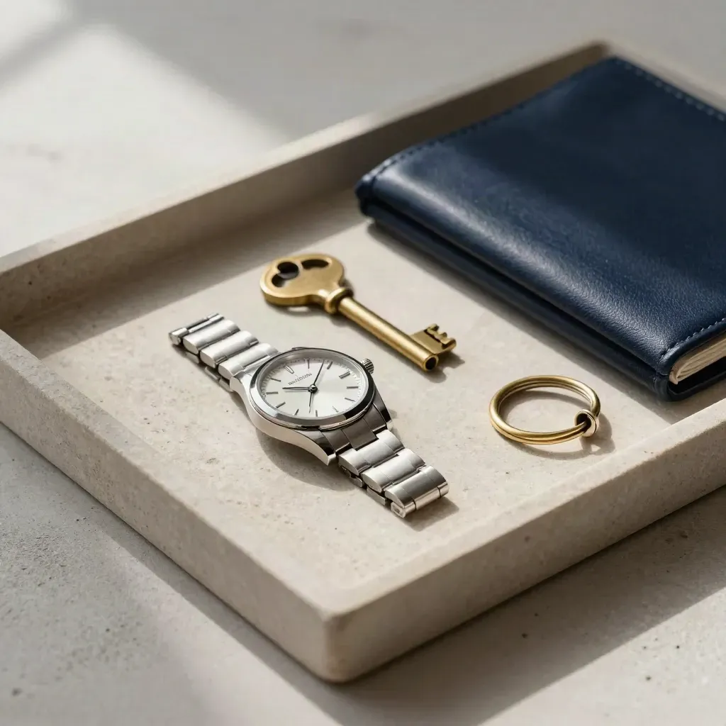 Vassoio in pietra con orologio, chiave di casa, folio chiuso e anello in ottone su stoffa blu navy.