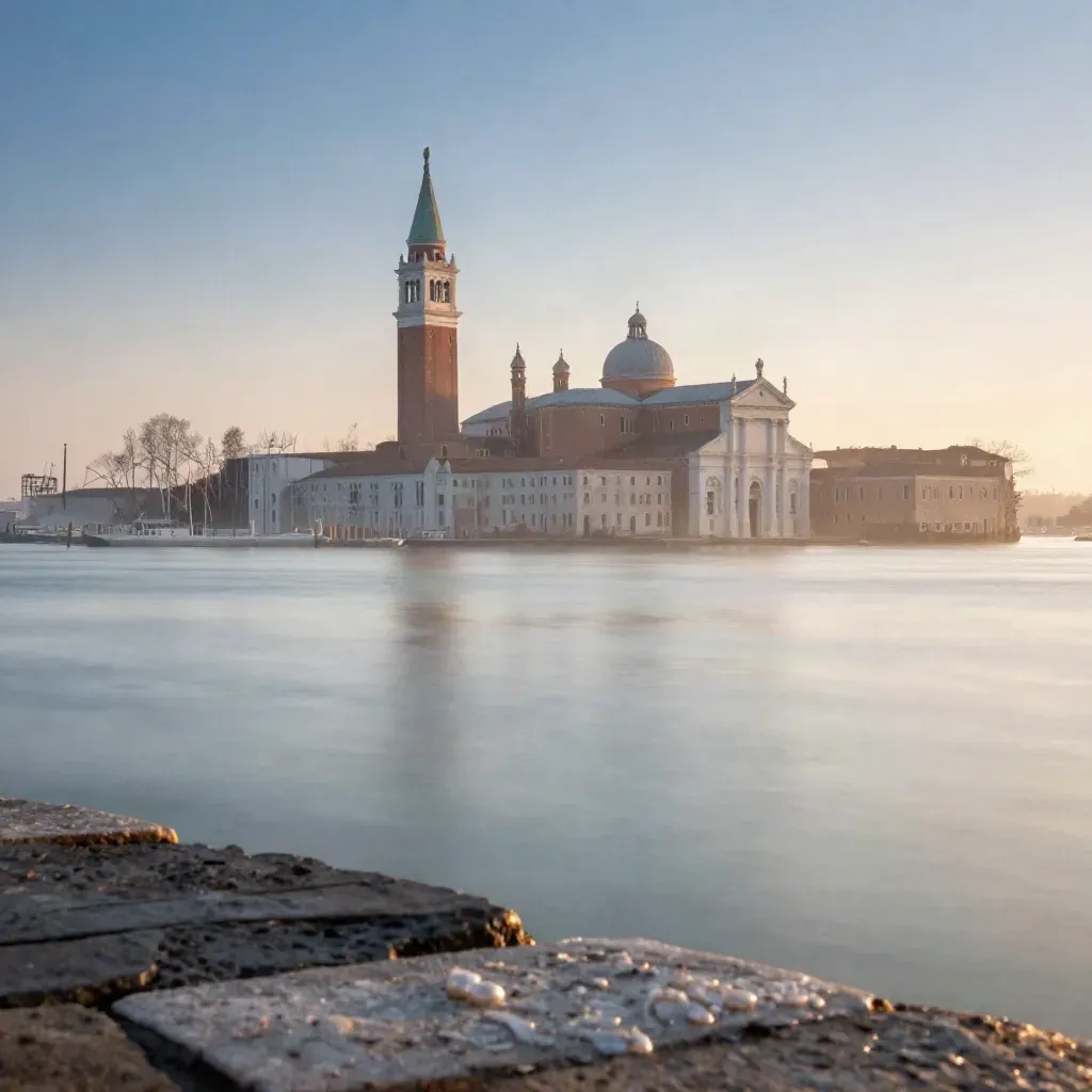Venezia al tramonto con campanile alto e laguna calma nella nebbia