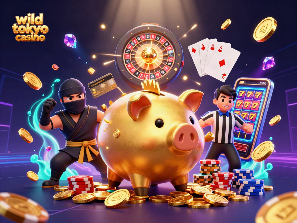 Experience the excitement of wild tokyo casino with a dynamic scene featuring animated characters and gaming elements.